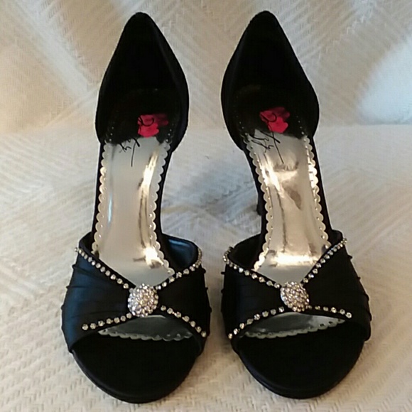 Misty black satin peep toe heels with rhin… - Picture 2 of 7